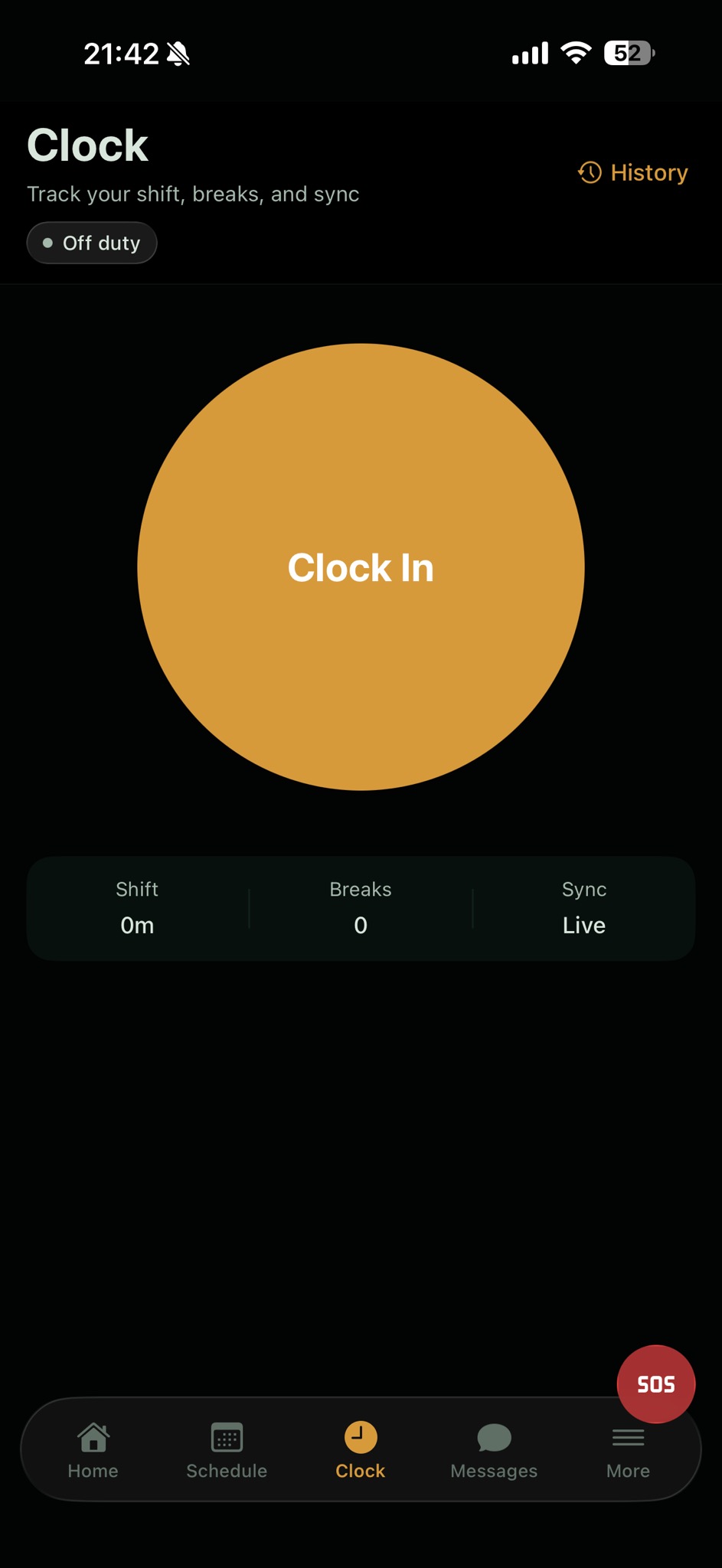 Arcova Field clock-in screen on iPhone with GPS-verified location for the assigned post