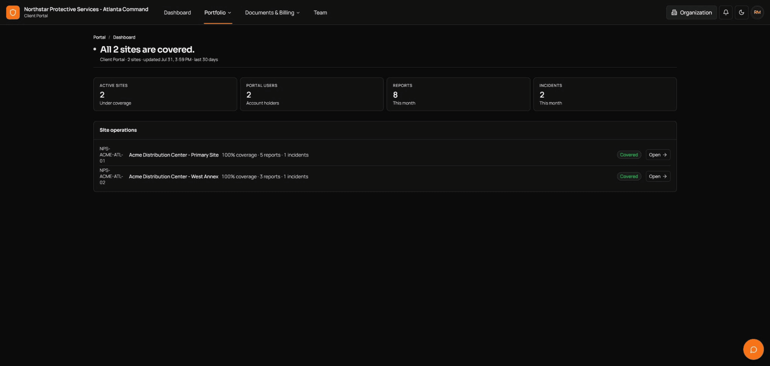 Arcova branded client portal dashboard showing the service records exposed to a client account