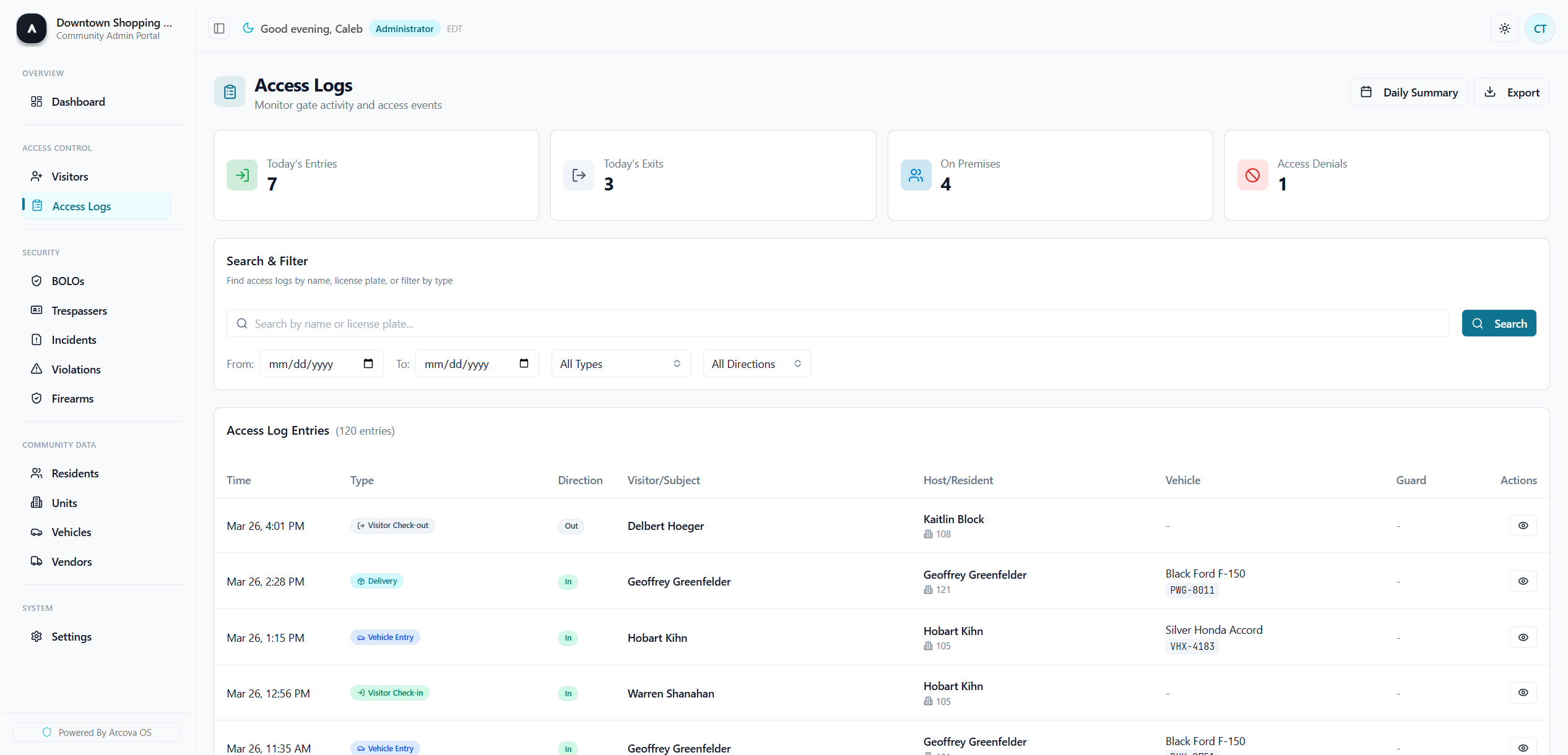 Access Logs — recorded entry, exit, and denial activity