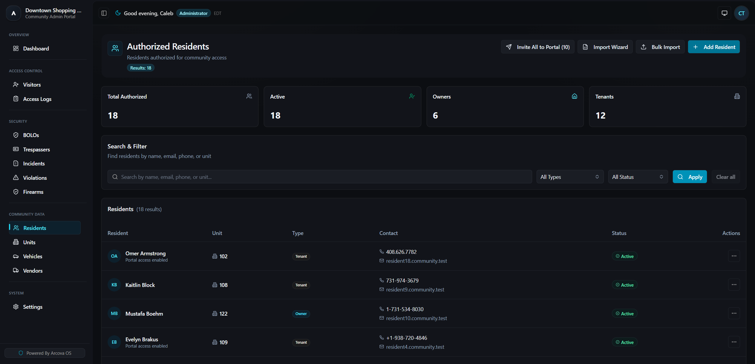 Resident Directory — full community database with unit assignments
