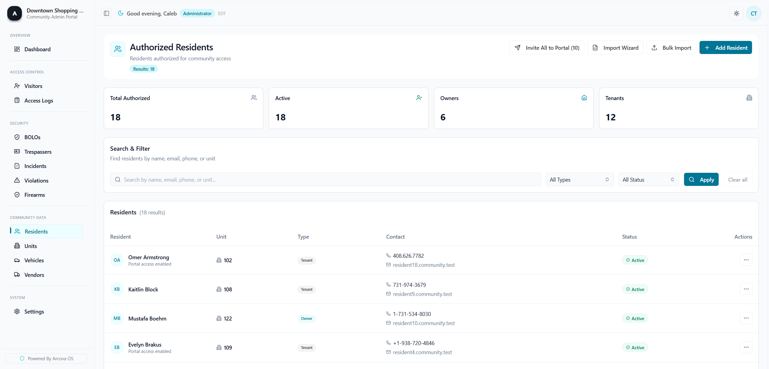 Resident Directory — full community database with unit assignments
