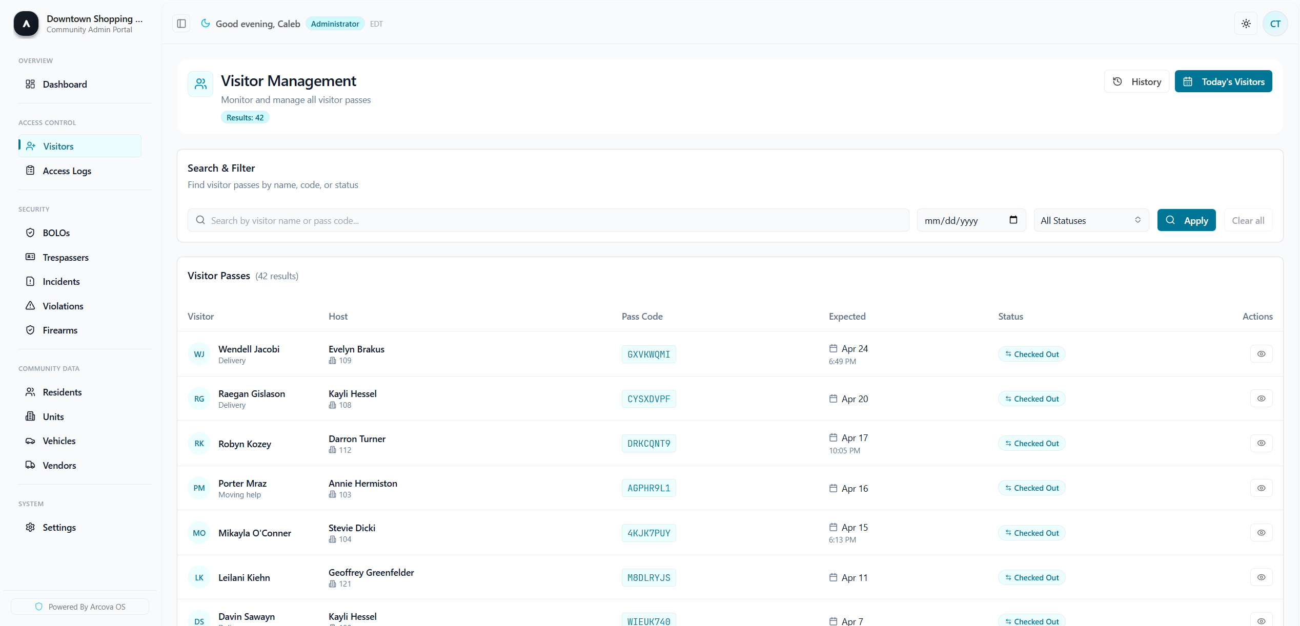 Visitor Management — pre-registered guests, walk-ins, and check-in status