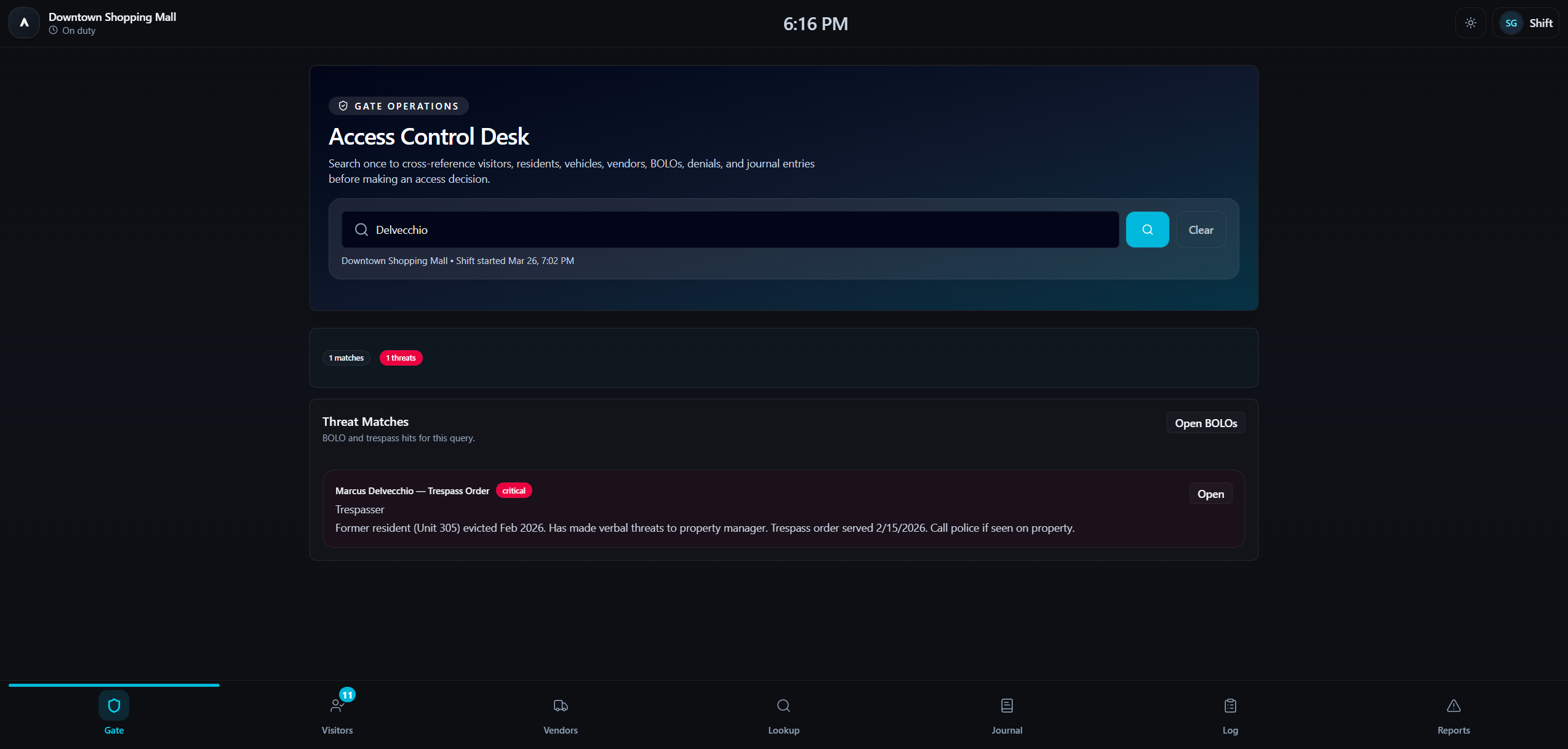 BOLO Alert — threat match surfaced during visitor check-in with photo and details