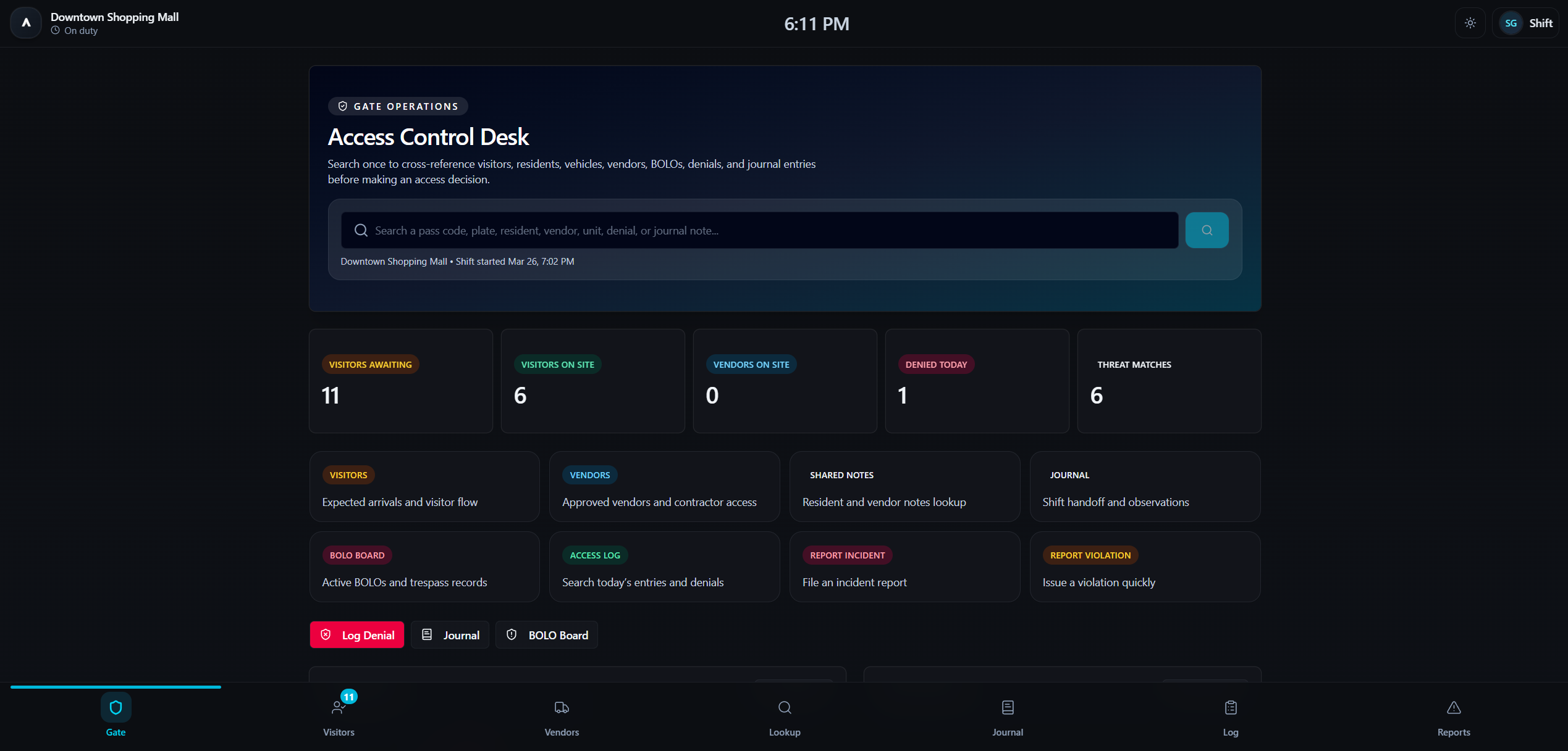 Guard Access Control — real-time operational workstation with search, screening, and check-in