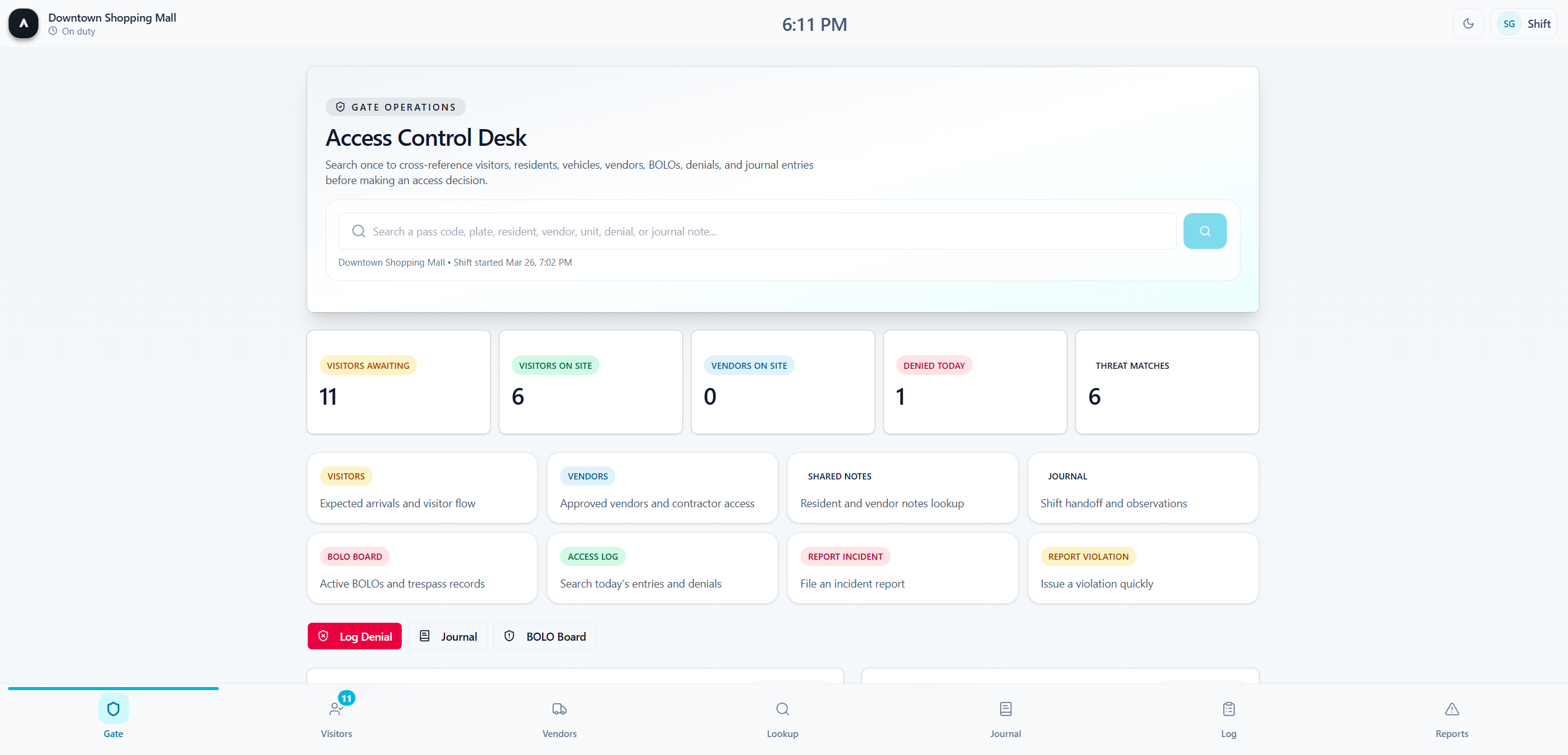 Guard Access Control — real-time operational workstation with search, screening, and check-in