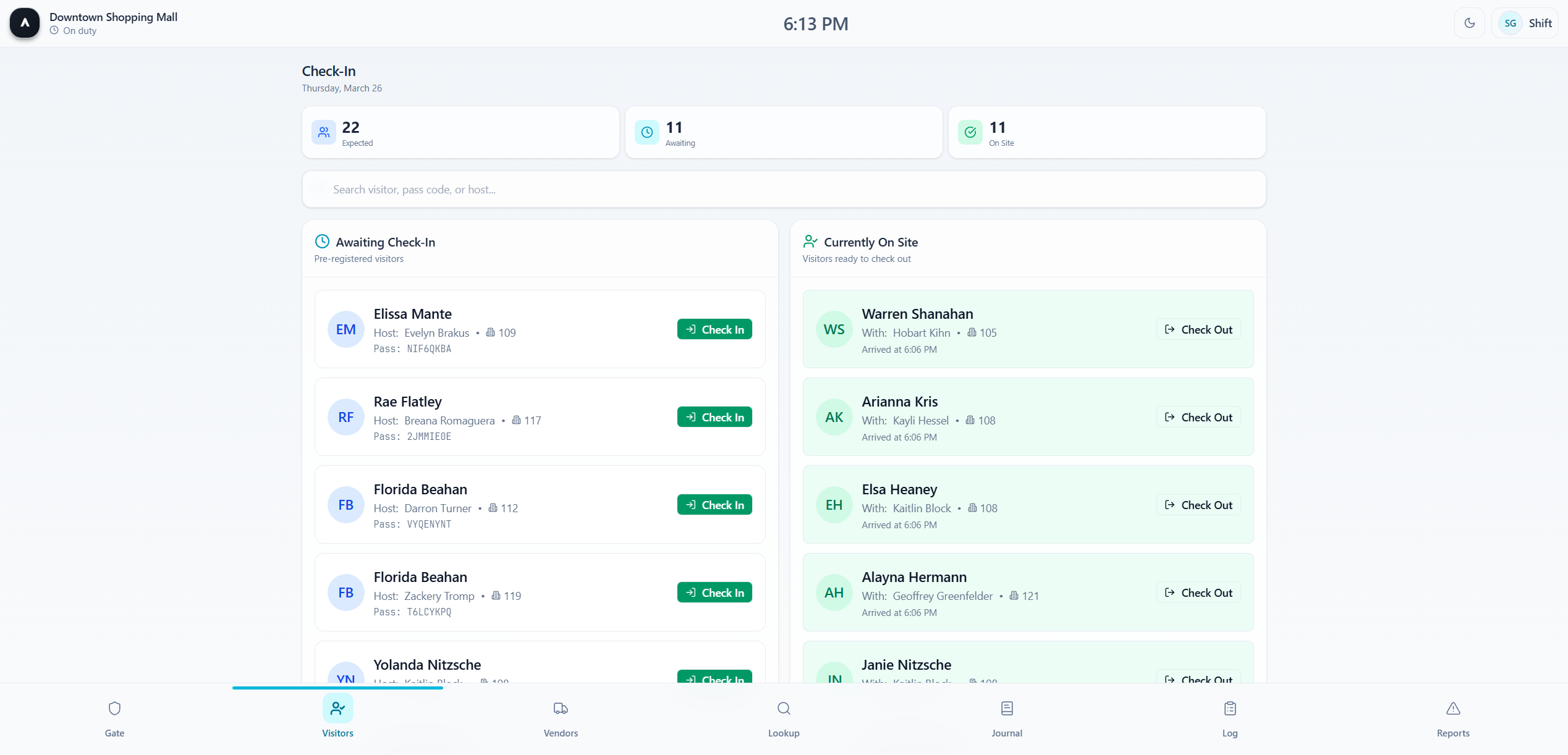 Guard Visitor Management — expected visitors, check-in status, and walk-in registration