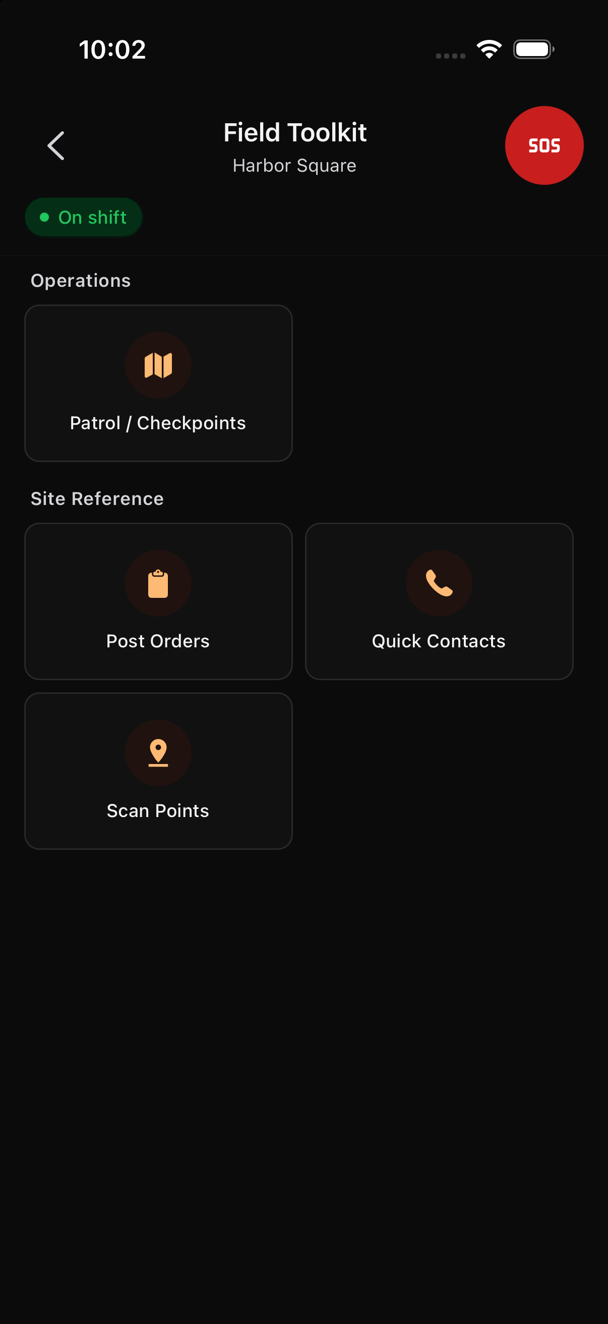 Arcova Field Toolkit on iPhone showing the tools available for the current site and shift